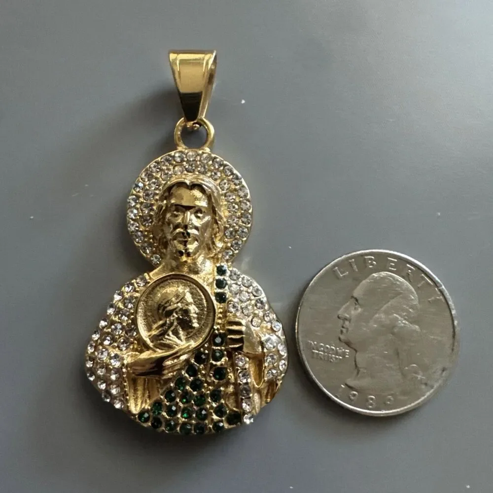 Saint Jude Thaddeus Pendant Gold Stainless Steel 24” Chain Jesus Cubic Zirconia